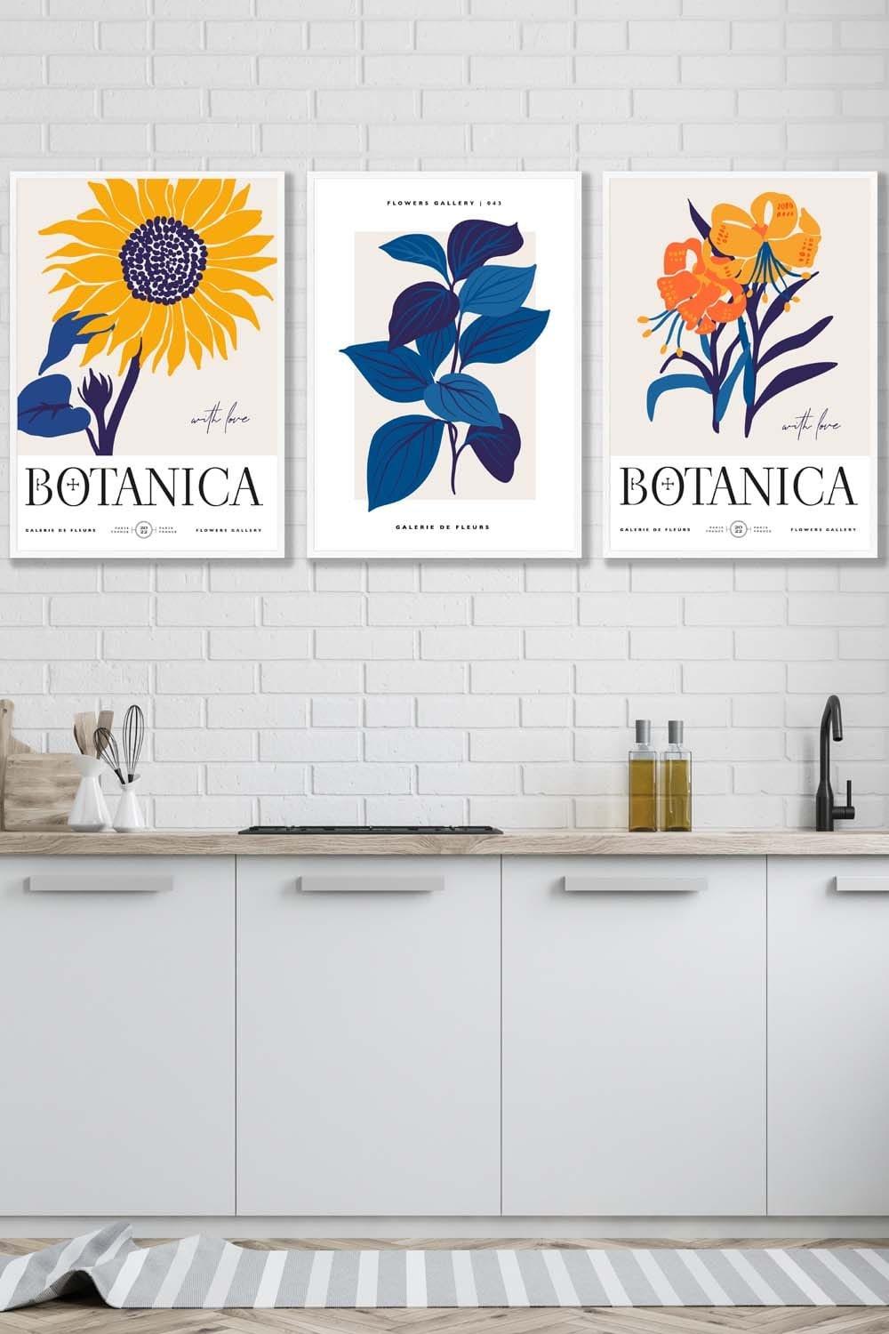 Set of 3 White Framed Flower Market Sunflower Yellow Blue Wall Art